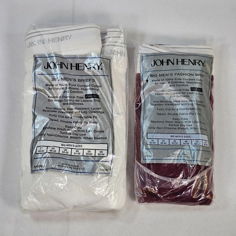 John Henry Big Mens Briefs 2X 46-48 White Burgundy Cotton 3pk Vintage Canada